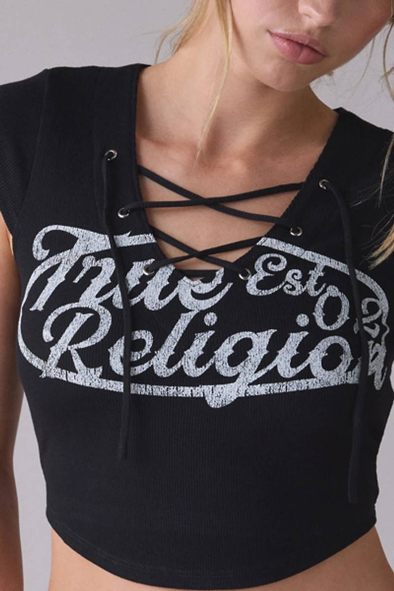 True Religion Graphic Lace-Up Cap Sleeve Rib Baby Tee