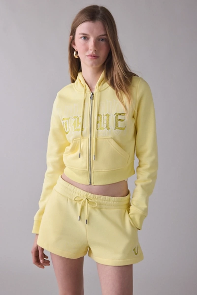 True Religion Crystal Embroidered Shrunken Zip-Up Hoodie Sweatshirt