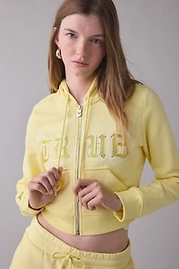 True Religion Crystal Embroidered Shrunken Zip-Up Hoodie Sweatshirt