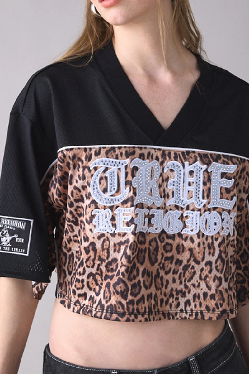 True Religion Crystal Graphic Leopard Print Jersey Top