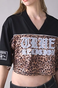 True Religion Crystal Graphic Leopard Print Jersey Top