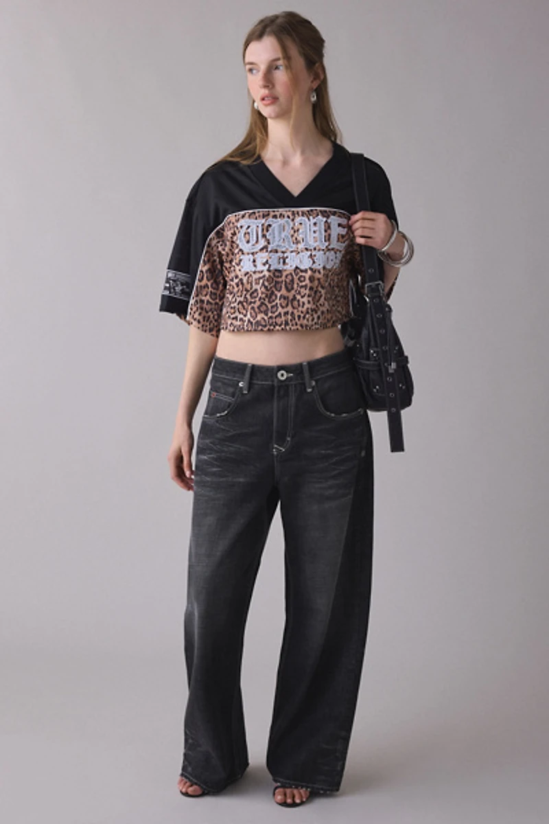 True Religion Crystal Graphic Leopard Print Jersey Top