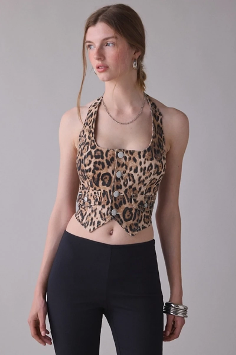 True Religion Leopard Print Denim Halter Corset Top