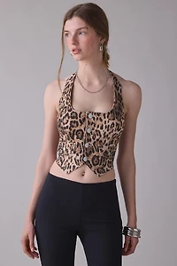 True Religion Leopard Print Denim Halter Corset Top