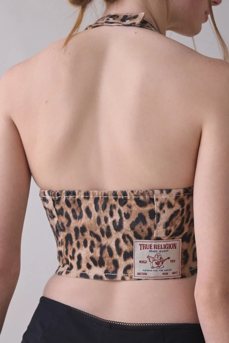 True Religion Leopard Print Denim Halter Corset Top