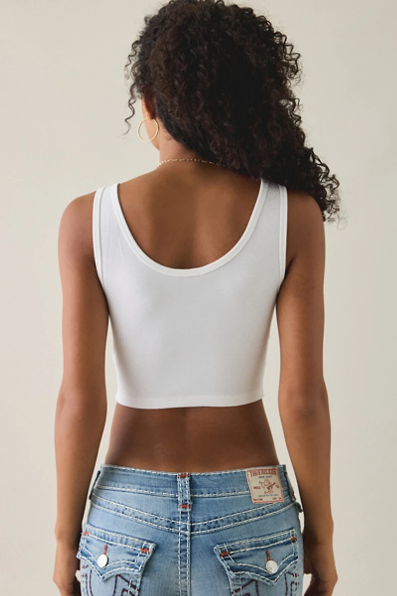 True Religion Graphic Ribbed Notch Cropped Tank Top