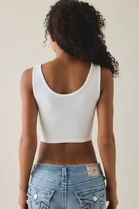 True Religion Graphic Ribbed Notch Cropped Tank Top