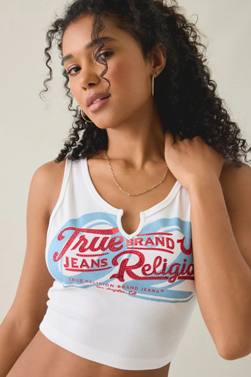True Religion Graphic Ribbed Notch Cropped Tank Top