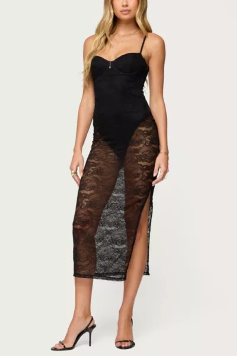 Edikted Sheer Lace Built Bodysuit Midi Dress