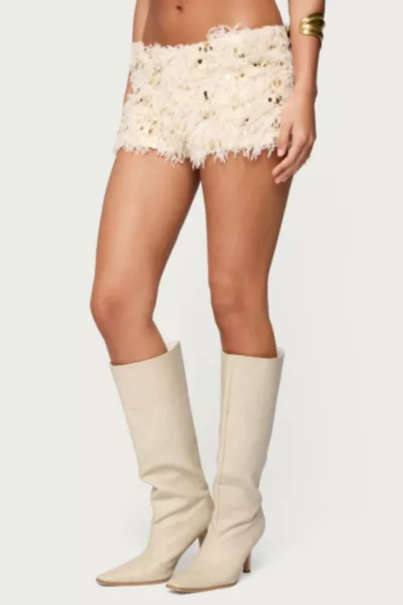 Edikted Faux Feather Sequin Micro Shorts