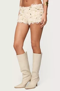 Edikted Faux Feather Sequin Micro Shorts