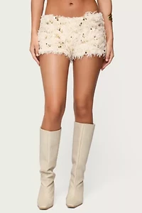 Edikted Faux Feather Sequin Micro Shorts