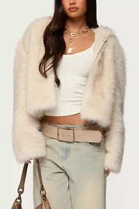 Edikted Beyonca Hooded Faux Fur Jacket