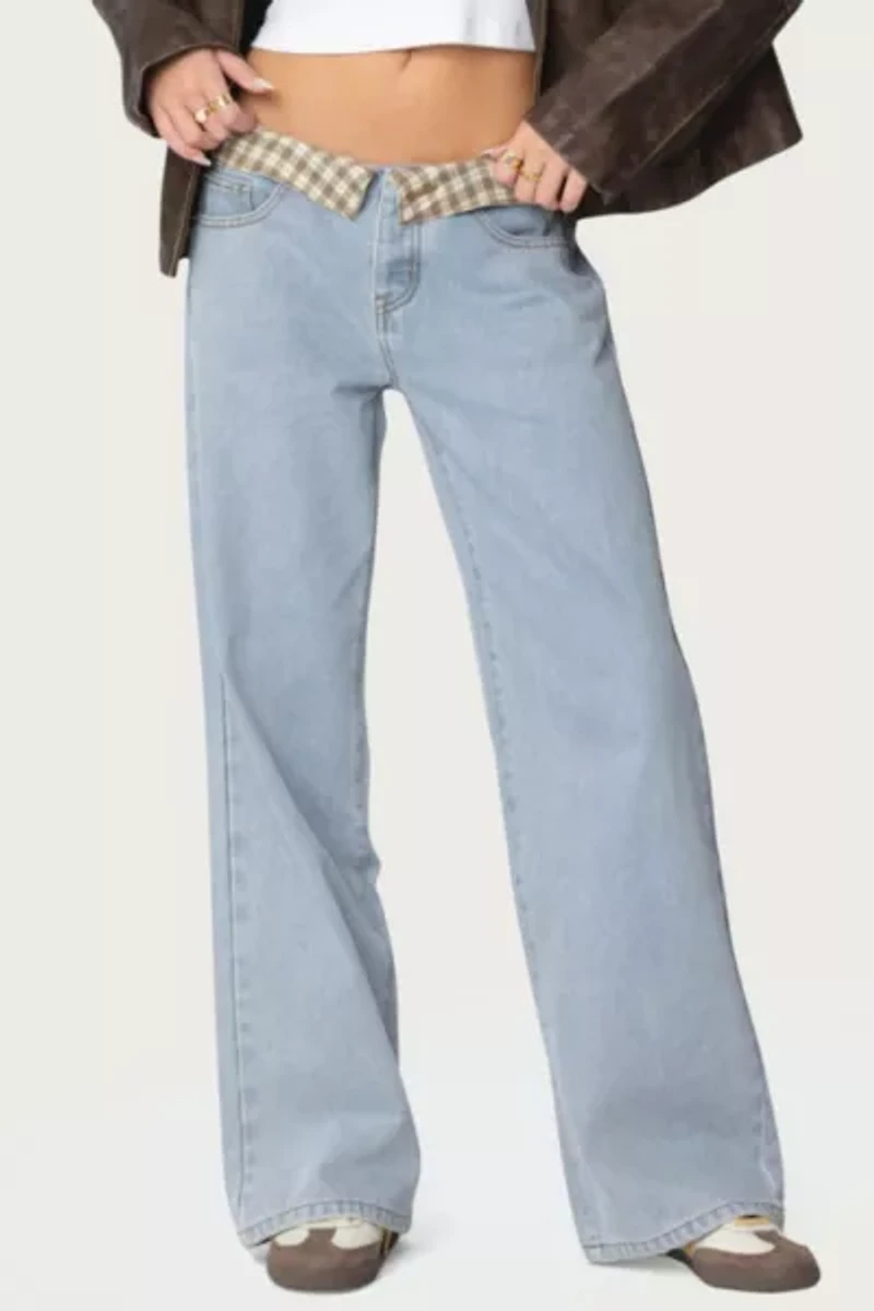 Edikted Peekaboo Plaid Low Rise Jeans