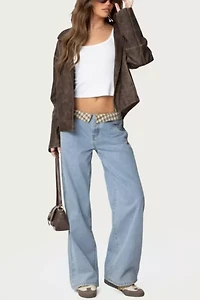 Edikted Peekaboo Plaid Low Rise Jeans