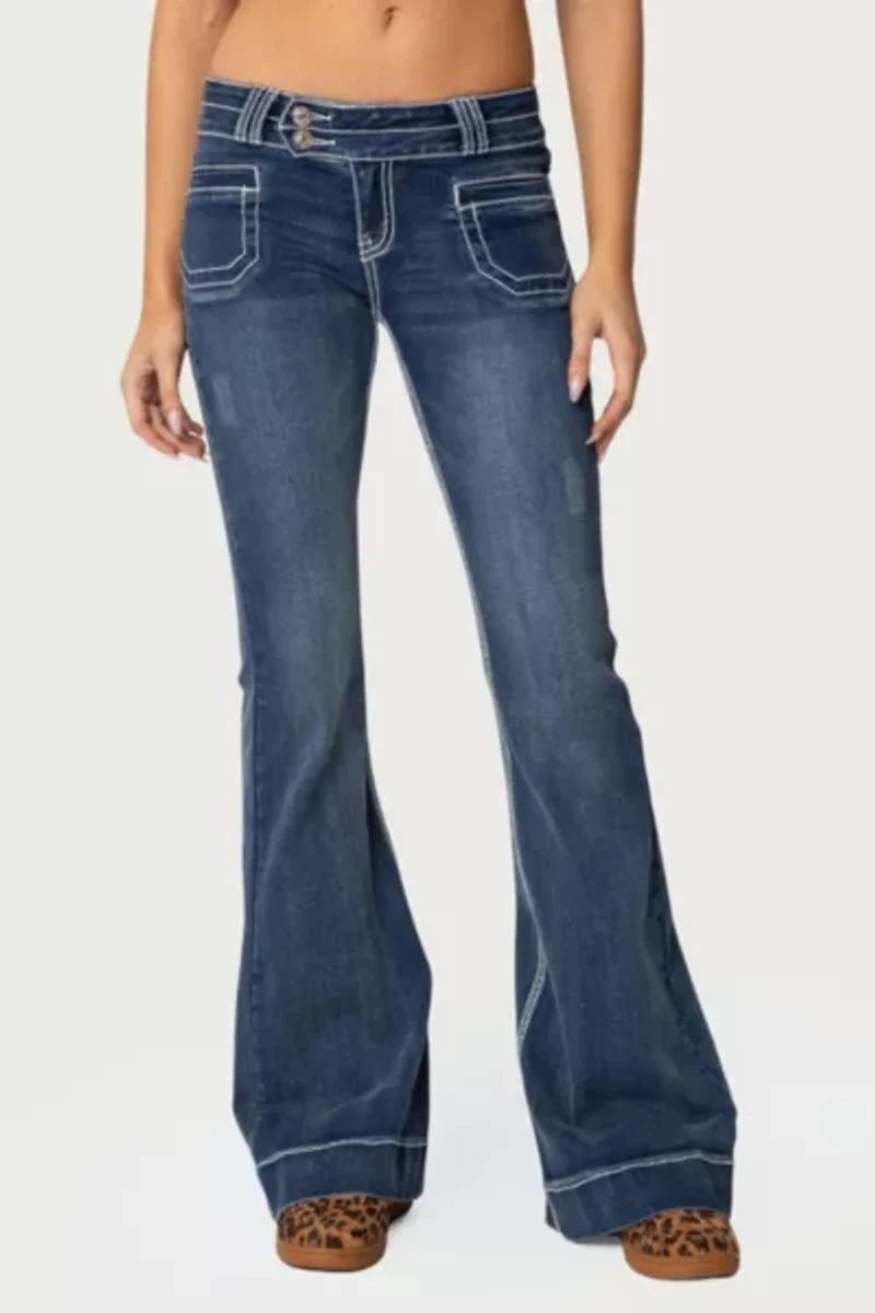 Edikted Contrast Stitch Low Rise Flared Jeans