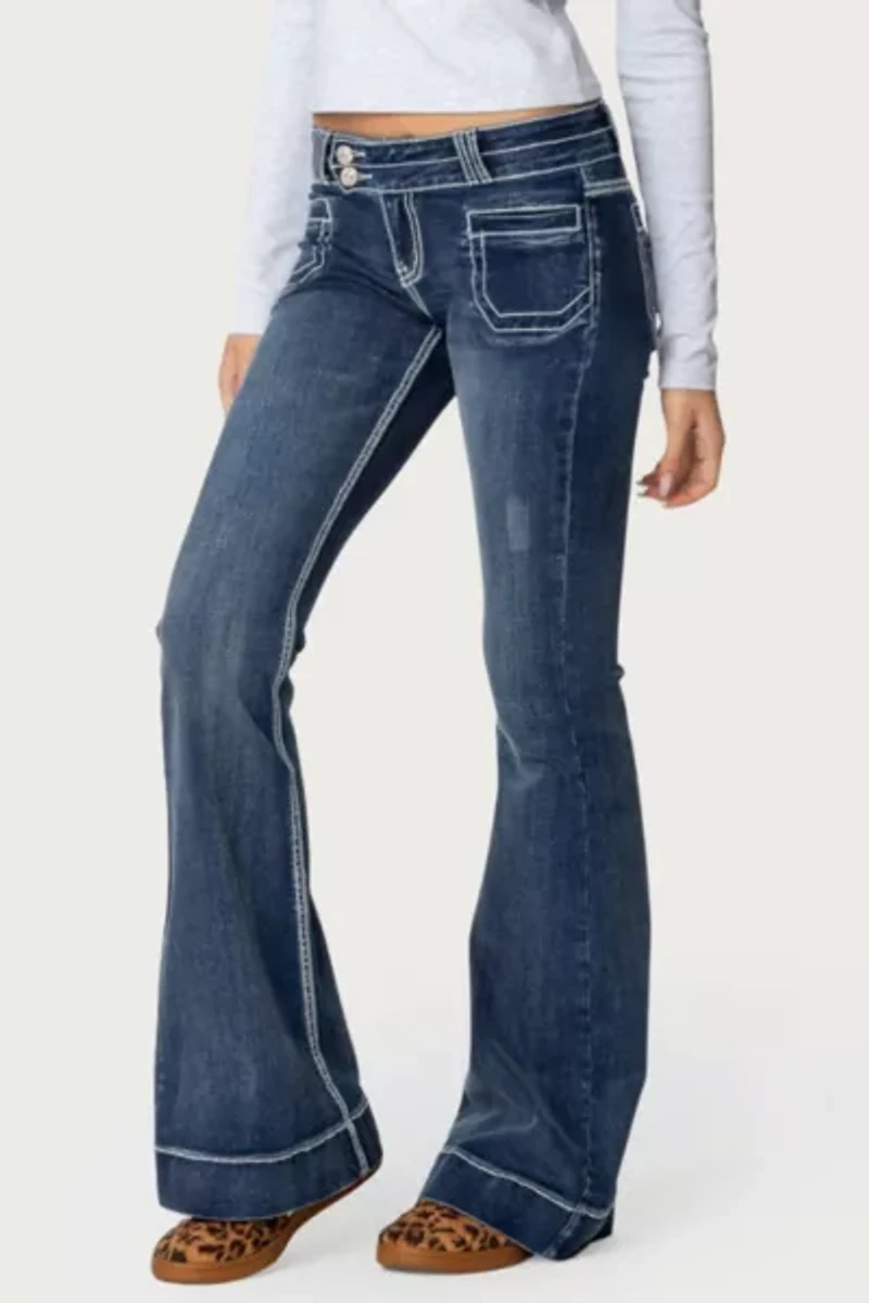 Edikted Contrast Stitch Low Rise Flared Jeans
