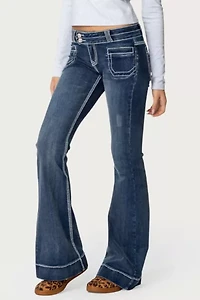Edikted Contrast Stitch Low Rise Flared Jeans