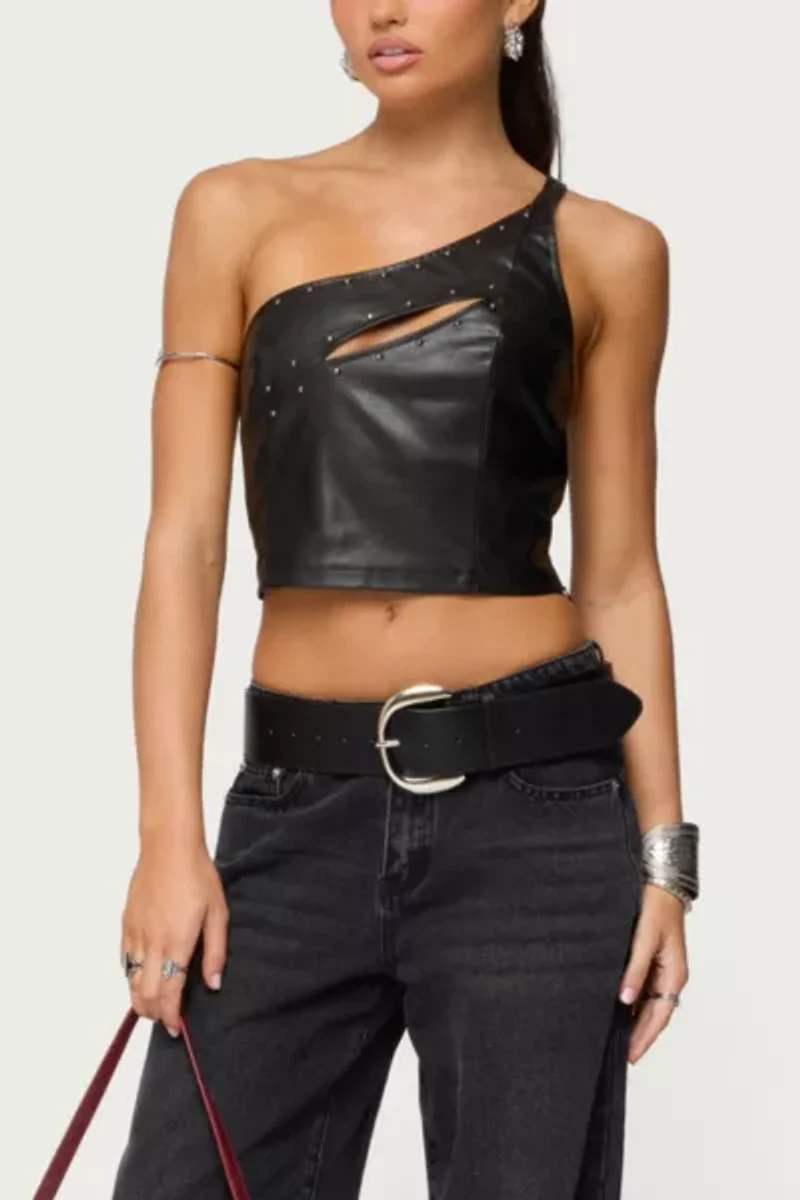 Edikted Asymmetric Cutout Faux Leather Top