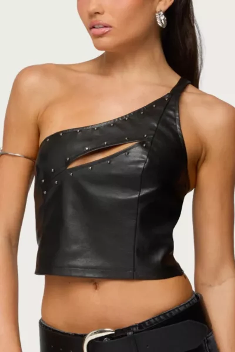 Edikted Asymmetric Cutout Faux Leather Top