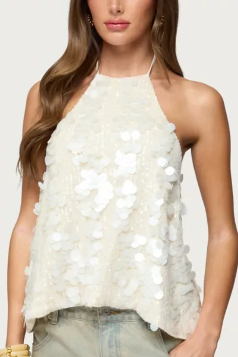 Edikted Ellorie Backless Sequin Halter Top