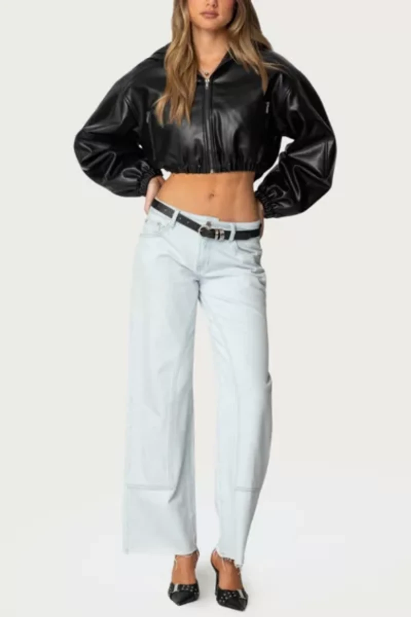 Edikted Hooded Faux Leather Cropped Jacket