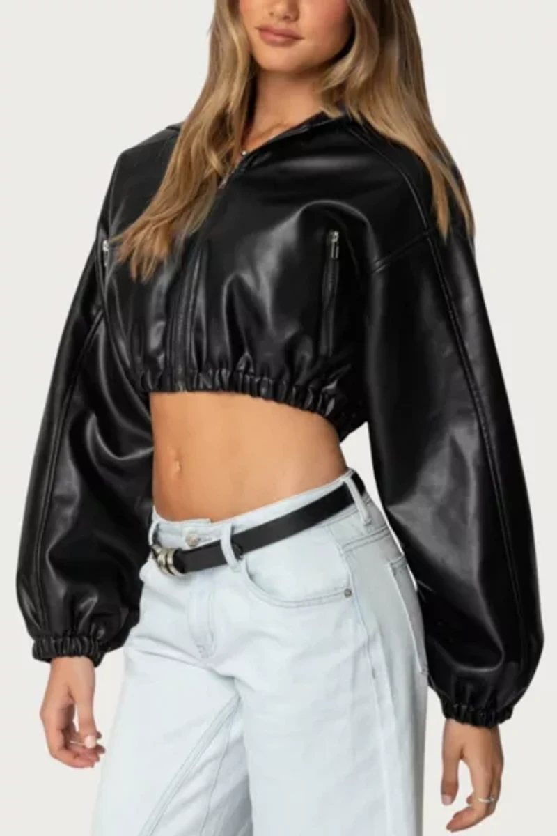 Edikted Hooded Faux Leather Cropped Jacket