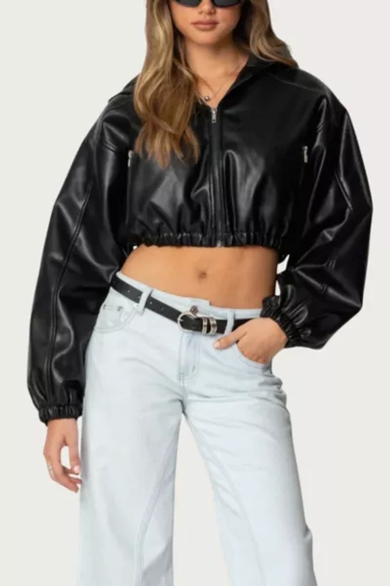 Edikted Hooded Faux Leather Cropped Jacket