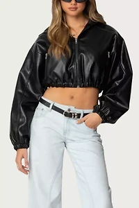 Edikted Hooded Faux Leather Cropped Jacket