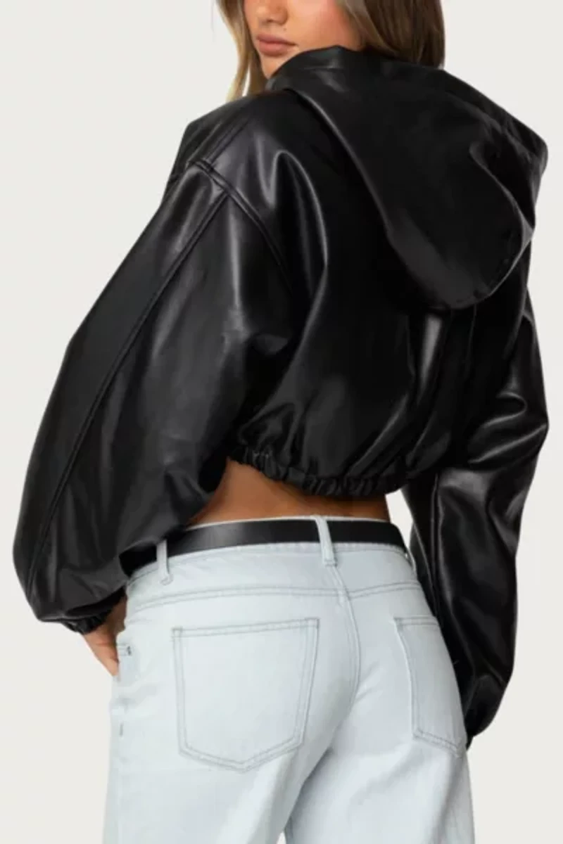 Edikted Hooded Faux Leather Cropped Jacket