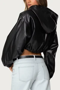 Edikted Hooded Faux Leather Cropped Jacket
