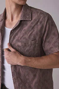 UO Tonal Embroidery Washed Short Sleeve Button-Down Shirt