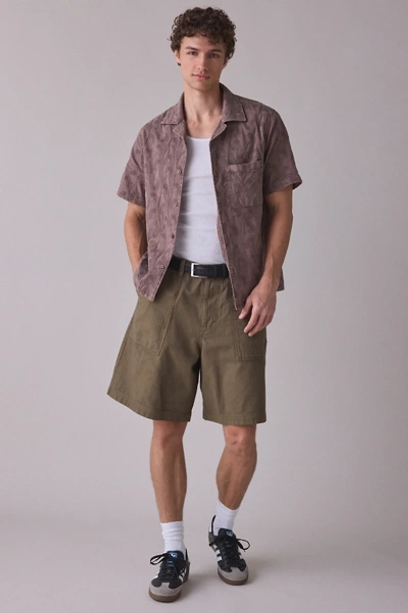 UO Tonal Embroidery Washed Short Sleeve Button-Down Shirt