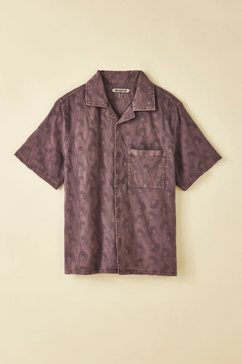 UO Tonal Embroidery Washed Short Sleeve Button-Down Shirt