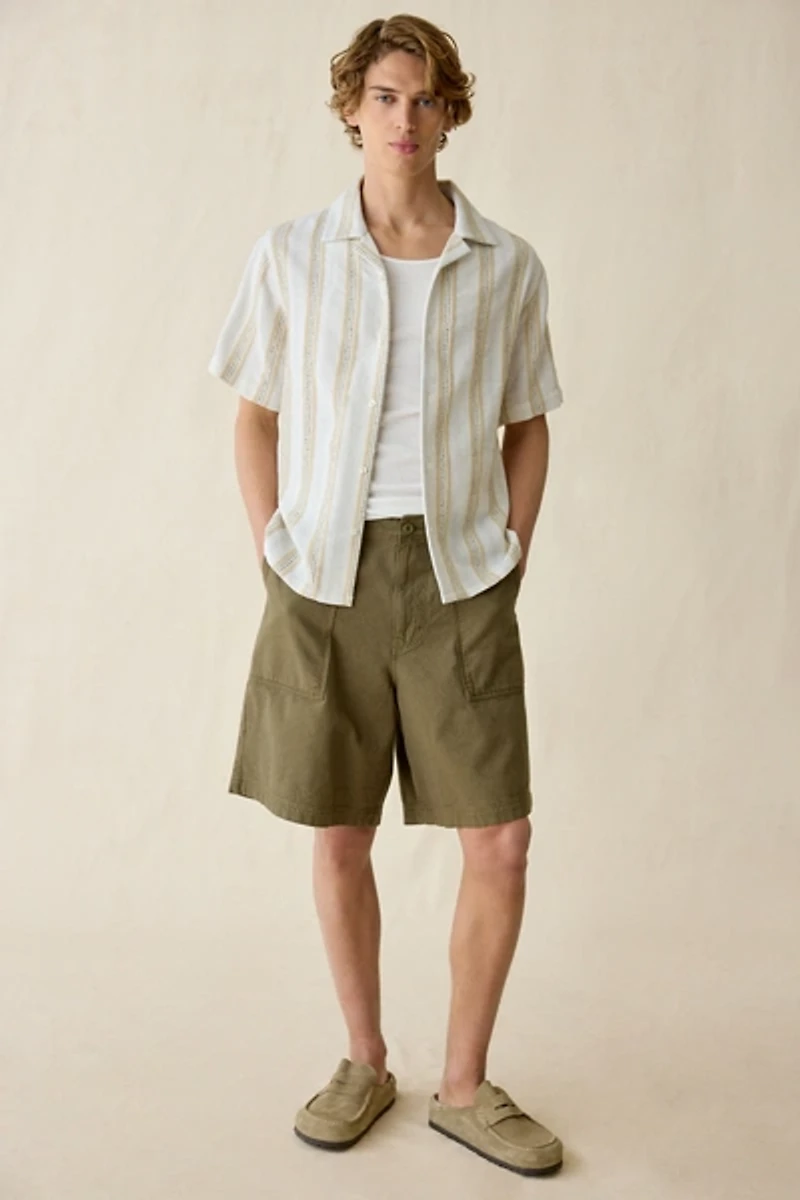 UO Textured Stripe Woven Notched Camp Collar Shirt
