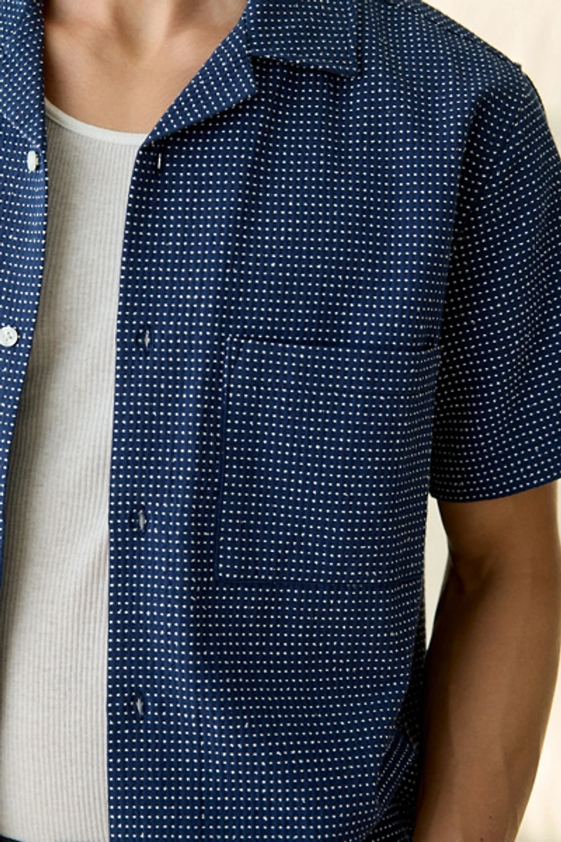 UO Swiss Dot Textured Button-Down Camp Collar Shirt
