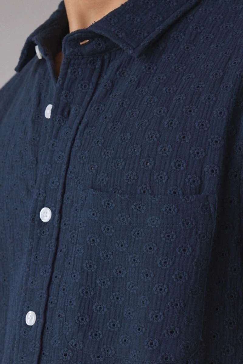 UO Textured Stitched Floral Embroidered Short Sleeve Shirt