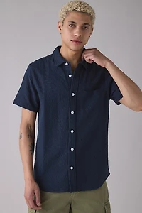 UO Textured Stitched Floral Embroidered Short Sleeve Shirt