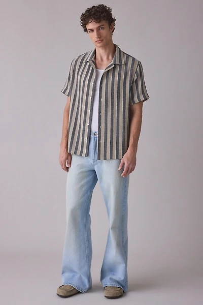 UO Textured Wide Stripe Woven Camp Collar Shirt