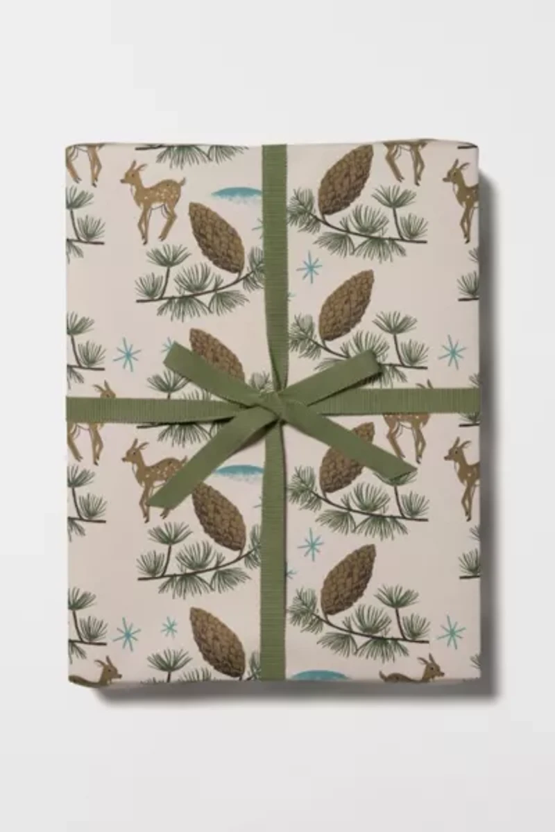 Red Cap Deer and Pine Cones Holiday Wrapping Paper