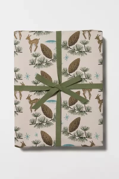 Red Cap Deer and Pine Cones Holiday Wrapping Paper