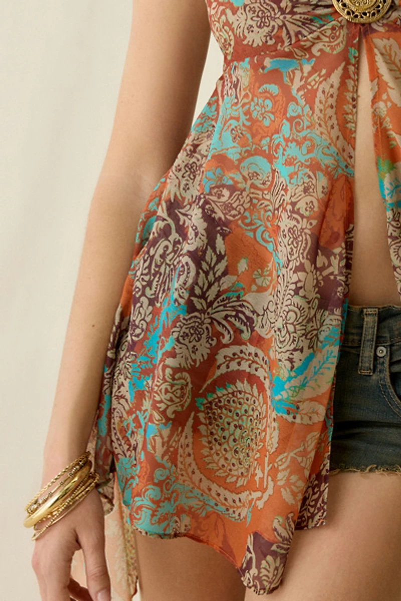 UO Ibiza Soul Medallion Split-Front Flyaway Tunic Top