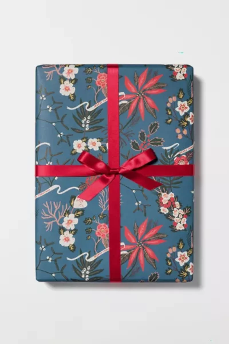 Red Cap Blue Poinsettia Holiday Wrapping Paper