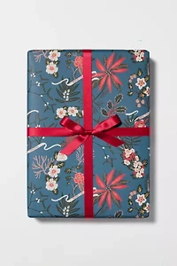 Red Cap Blue Poinsettia Holiday Wrapping Paper