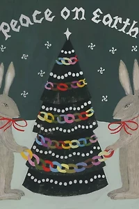 Red Cap Peace Rabbits Holiday Card