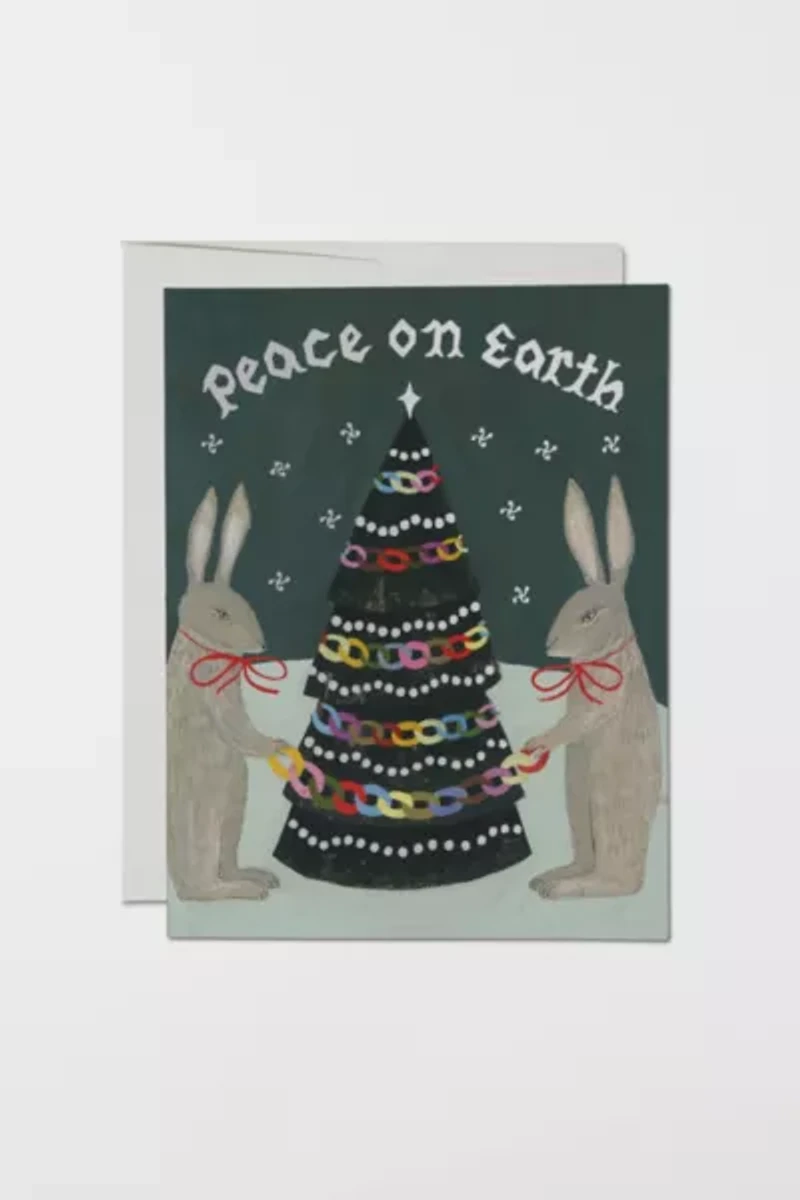 Red Cap Peace Rabbits Holiday Card