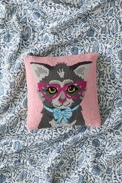 Fancy Cat Glasses Hooked Wool Throw Pillow