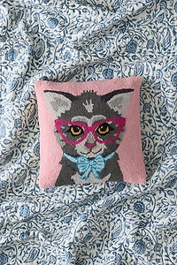 Fancy Cat Glasses Hooked Wool Throw Pillow