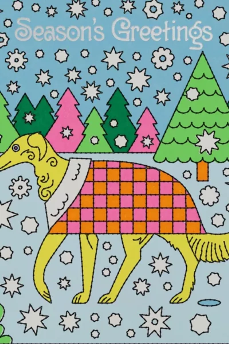 Red Cap Cozy Pup Greetings Holiday Card