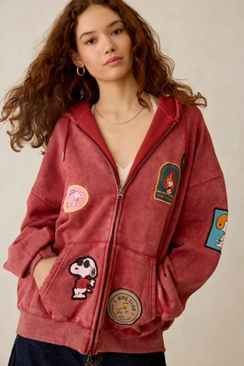 Peanuts UO Exclusive Dusty Patch Graphic Oversized Zip-Up Hoodie Sweatshirt